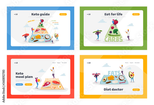 Ketogenic Diet, Healthy Eating Landing Page Template Set. Characters Set Up Pyramid of Good Fat Sources, Balanced Low-carb Food Vegetables, Fish, Meat, Cheese. Cartoon People Vector Illustration