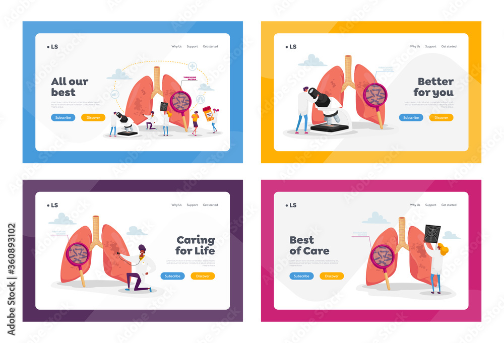 Respiratory Medicine Pulmonology Healthcare Landing Page Template Set. Doctors Characters Check Human Tuberculosis Lungs with Glass, Make X-ray, Pulmonological Care. Cartoon People Vector Illustration