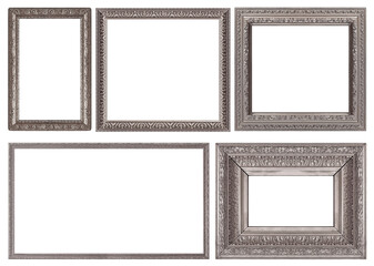 Set of silver frames for paintings, mirrors or photo isolated on white background