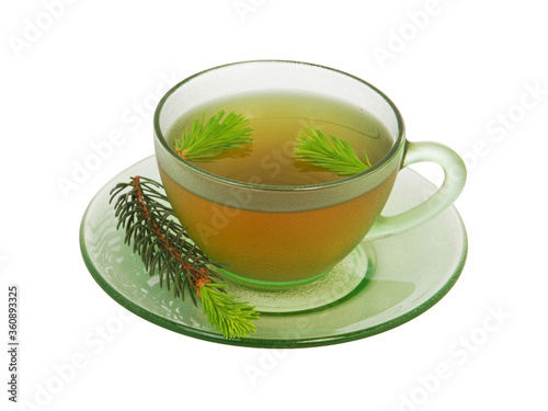 Cup of fir tree tea isolated on white