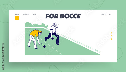 Senior Men Playing Bocce Landing Page Template. Lawn Bowling Competition, Couple of Elderly Friend Characters Playing Boules in Park Outdoor Area Enjoying Spare Time. Linear People Vector Illustration