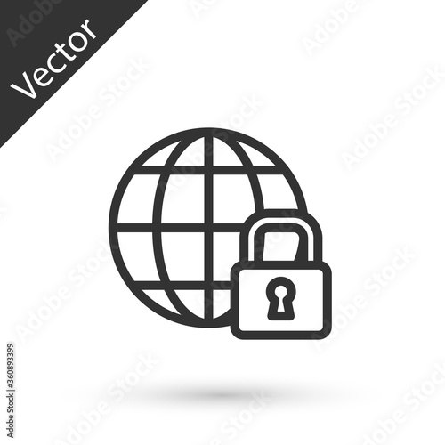 Grey line Global lockdown - locked globe icon isolated on white background. Vector.