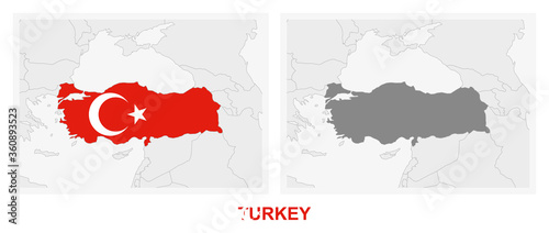 Two versions of the map of Turkey, with the flag of Turkey and highlighted in dark grey.
