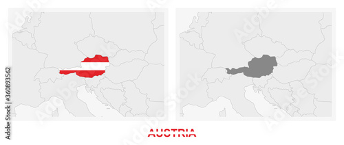 Two versions of the map of Austria, with the flag of Austria and highlighted in dark grey. photo