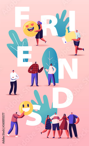 Friendship and Friends Concept. Tiny People Group with Huge Smiles Smiling and Laughing Together. Characters in Good Relations, Togetherness, Happiness Poster Banner Flyer. Cartoon Vector Illustration