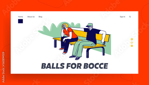 Senior Couple Characters Sit on Bench Landing Page Template. . Elderly People Walk Outdoor at Nature Landscape, Family Love, Sparetime. Old Man and Woman Loving Relation. Linear Vector Illustration