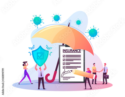 Tiny Characters Fill Health Policy Document under Huge Umbrella. Man Holding Protective Shield. Coronavirus Signing Insurance for Medical Protection, Life Guarantee. Cartoon People Vector Illustration