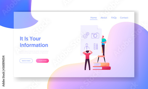Espionage, Info Coding and Encryption Landing Page Template. Tiny Male Character Photographing Sheet with Symbols on Camera. Employee Stealing Important Information. Cartoon People Vector Illustration
