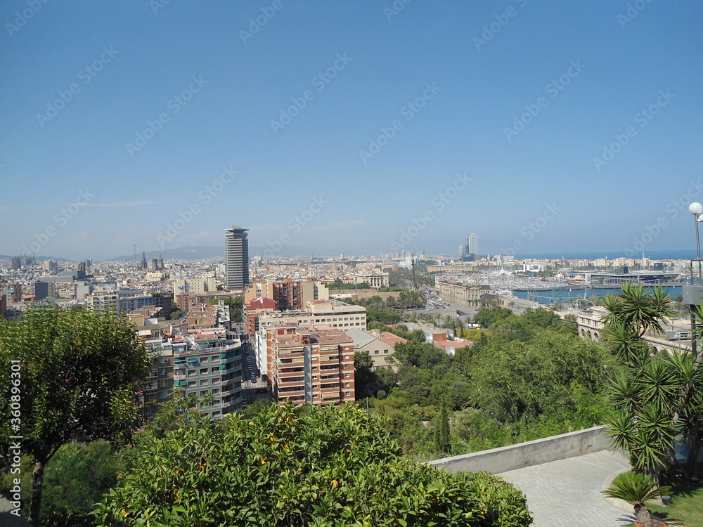 Barcelona Marina from the upper montjuic hill with focus on a dock ship, Barcelona, Spain, 2011