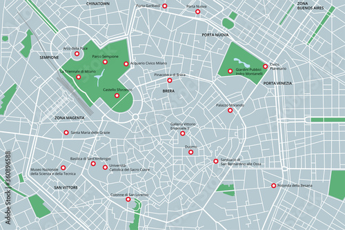 Vector map of Milan with monuments and parks photo
