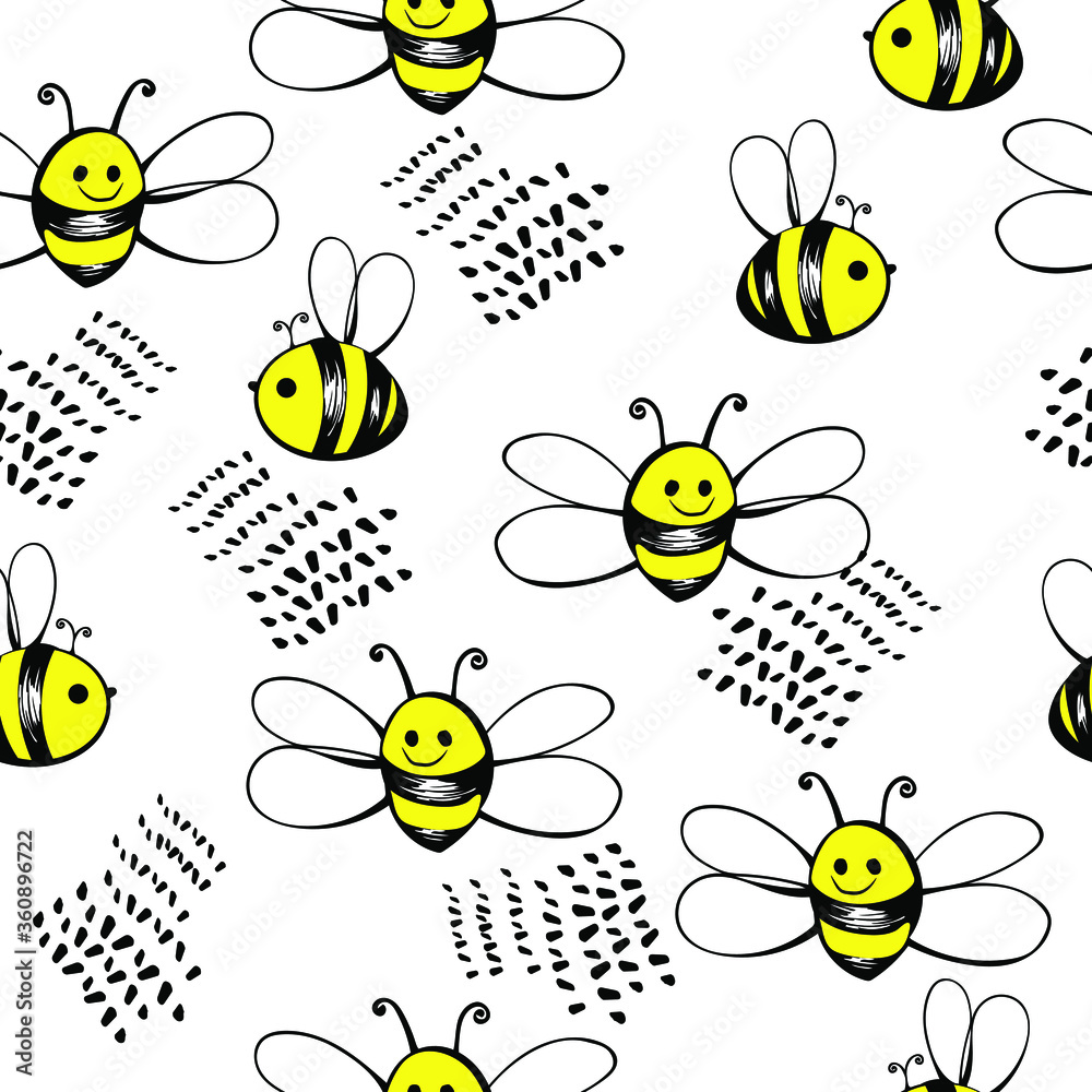 Vector cute bee in doodle style, decorative elements, illustration on a seamless white background, for use in design, fashion, wrapping paper, textile, wallpaper