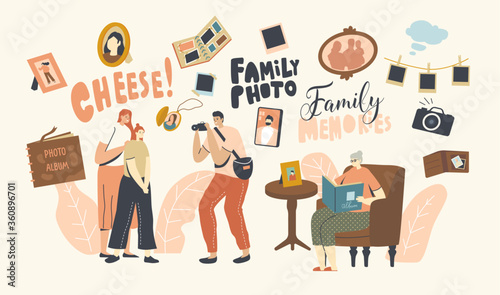 Family Photo Concept. Mother and Daughter Characters Visiting Salon for Making Photography. Senior Woman Sitting with Album in Hands Watching Pictures from Past. Linear People Vector Illustration