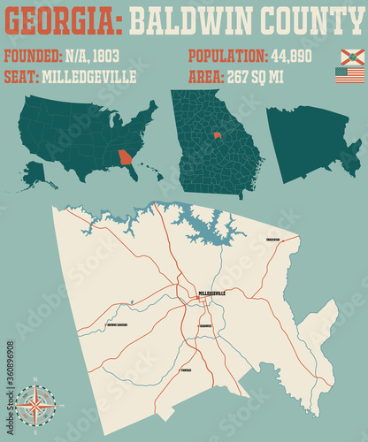 Large and detailed map of Baldwin county in Georgia, USA.