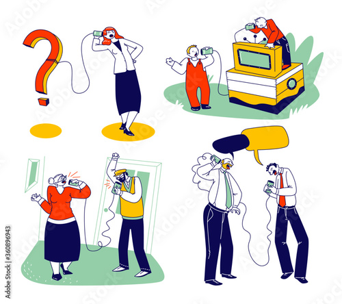 Characters Using Deaf Phone. Adults, Seniors and Kids Speaking by Can Phones Made of Tin Jars and String or Rope. Retro Communication System, Funny Toy for Children. Linear People Vector Illustration