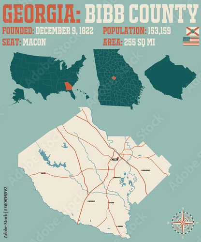 Large and detailed map of Bibb county in Georgia, USA.