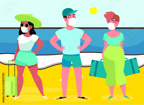 Boy and girls on holiday on beach, with mask, a hat girl in a luggage bag, on beach in summer,