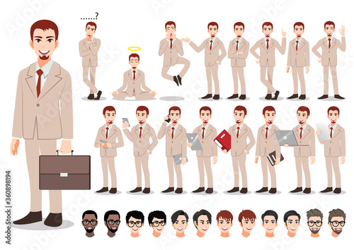 Businessman cartoon character set in office style smart suit . Vector illustration