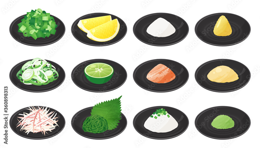 小皿に盛り付けた薬味のイラスト素材セット 小皿に盛り付けた薬味のイラスト素材セット