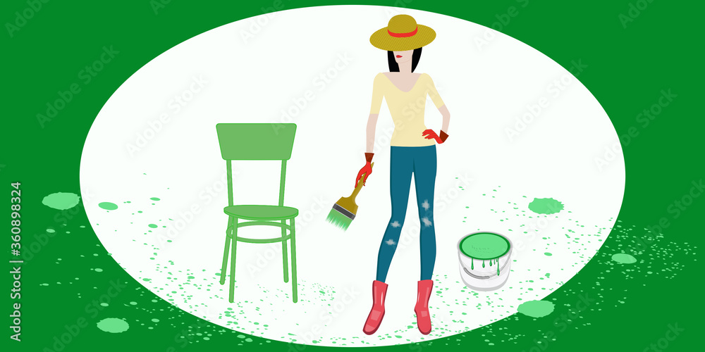 Fototapeta premium Woman paints a chair with a paint brush - vector. Banner. DIY home repair.