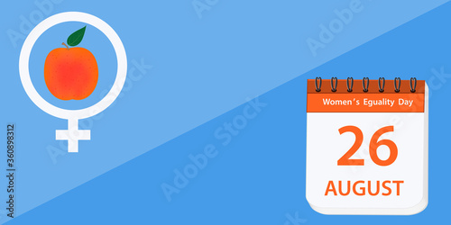 Calendar with the date of August 26, gender sign, red apple - vector. Banner. Women's Equality Day