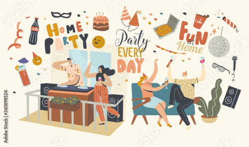 Young Characters Holding Glasses with Champagne Celebrate Holiday Drinking Alcohol Cocktail and Communicating Birthday Home Party or Festive Event with Dj Music. Linear People Vector Illustration