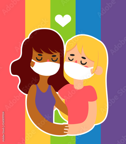 Girls in mask, in love, in front of pride flag (ID: 360899104)