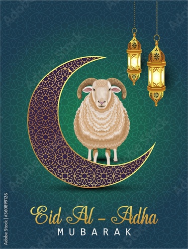Eid Mubarak for the celebration of Muslim community festival Eid Al Adha. Greeting card with sacrificial sheep and crescent on lanterns background. Vector illustration.