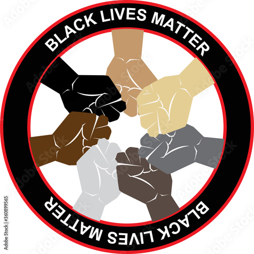 Stop racism. Many multi colored fist protesting on dark background. Black lives matter. Different races hands protest, interracial community unity. Modern vector in flat style. New movement