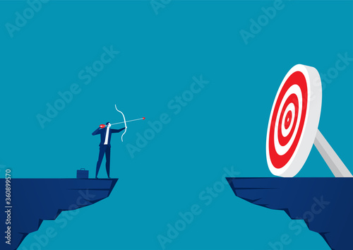 Businessman top mountain with bow and arrow look at targets. vector illustration.