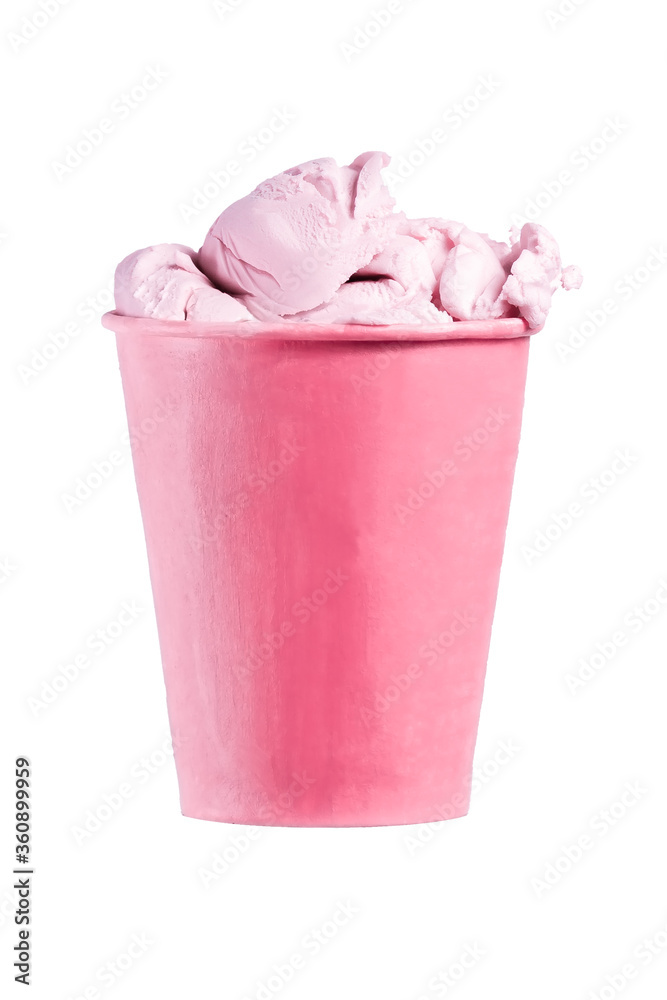 balls of pink raspberry ice cream in a pink paper glass on a white background isolate. close up, copy space. balls of pink raspberry ice cream in a pink paper glass on a white background isolate. close up, copy space.