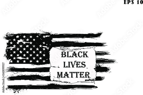 Black lives matter calligraphic text, vintage stop racism, paint stain on american flag. 