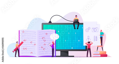 Information Coding Concept. Tiny Male and Female Characters at Huge Computer Monitor with Binary Code, People Marking Letters in Book Text to Encrypt Data, Espionage. Cartoon Vector Illustration