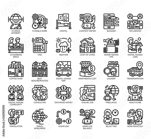 Set of digital nomad thin line and pixel perfect icons for any web and app project.