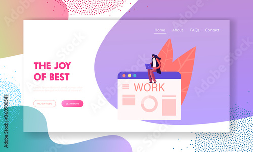 Job Interview and Human Resources Landing Page Template. Woman with Laptop Searching New Job Sending CV and Publishing Ads Online. Character Using Internet to Find Work. Cartoon Vector Illustration