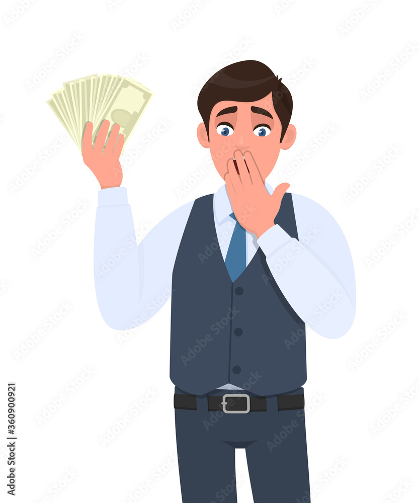 Shocked young businessman in waistcoat showing cash, money and covering hand on mouth. Scared person holding currency notes. Male character design illustration. Modern lifestyle in vector cartoon. Shocked young businessman in waistcoat showing cash, money and covering hand on mouth. Scared person holding currency notes. Male character design illustration. Modern lifestyle in vector cartoon.