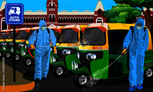 Illustration of men wearing a protective suit disinfect Indian transport services with a spray gun. Prevention against Coronavirus disease.