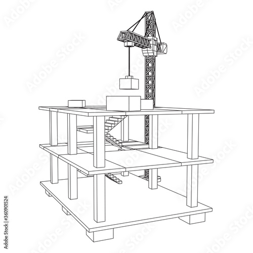 Building under construction with crane. Build house construct in process. Wireframe low poly mesh vector illustration