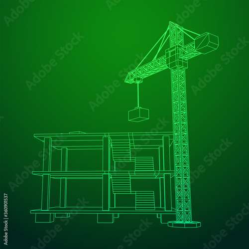 Building under construction with crane. Build house construct in process. Wireframe low poly mesh vector illustration