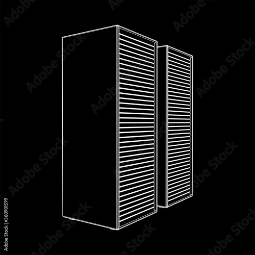 Data center storage room object. Hardware equipment telecommunication server. Computer database tower. Internet industry cluster. Wireframe low poly mesh 3d render illustration