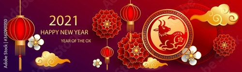Stampa su tela Happy new year 2021 / Chinese new year / Year of the ox / Zodiac sign for greetings card, invitation, posters, brochure, calendar, flyers, banners