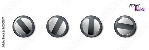 Set Metal screws heads, shiny bolt caps. Twisted in surface screw isolated on white background. Macro chrome top view of wide a hats metalwares. Vector illustration.