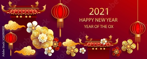 Canvas Print Happy new year 2021 / Chinese new year / Year of the ox / Zodiac sign for greetings card, invitation, posters, brochure, calendar, flyers, banners