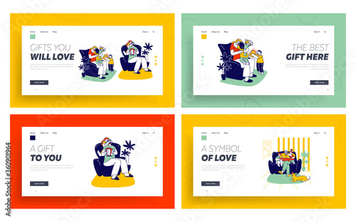Gift from Child, Grandfather Reading Book to Kids Landing Page Template Set. Baby Greeting Father and Mother with Present, Characters Celebrate. Granny Read Children. Linear People Vector Illustration
