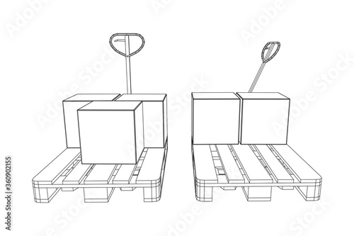 Hand pallet jack lift with pallet and stacked goods cardboard boxes. Manual forklift. Logistics shipping concept. Wireframe low poly mesh vector illustration.