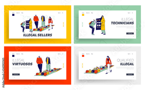 Illegal Sellers Business Landing Page Template Set. Smuggler Characters Sell on Black Market. Cloak-seller Dealer in Sunglasses, Hat and Coat Show Goods, Bootleggers. Linear People Vector Illustration