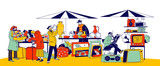Characters Visiting Flea Market for Shopping Unique Antique Things. Garage Sale, Outdoor Retro Bazaar with Sellers Presenting Old Stuff for Buyers to Purchase. Linear People Vector Illustration