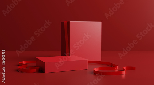 cosmetics stand and red ribbon in red backdrop background,3d rendering design