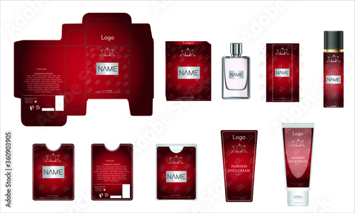 Packaging design, luxury perfume box, pocket perfume, deo design and face cream template and mock up box. Illustration vector.