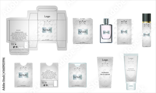 Packaging design, luxury perfume box, pocket perfume, deo design and face cream template and mock up box. Illustration vector.