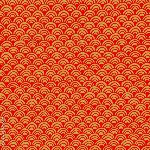 Flat doodle illustration, Chinese traditional oriental ornament pattern background. Red and gold waves or cloud design.
